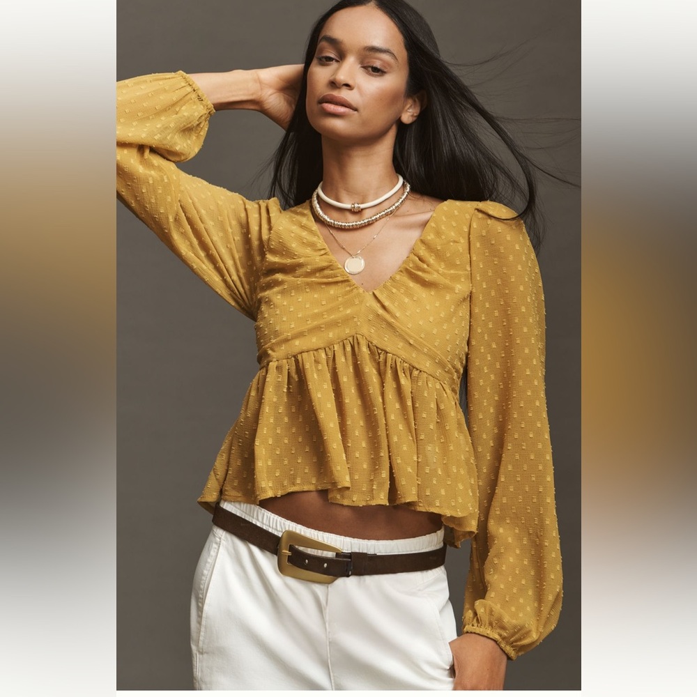 Woven V-Neck Peplum Blouse - Mustard